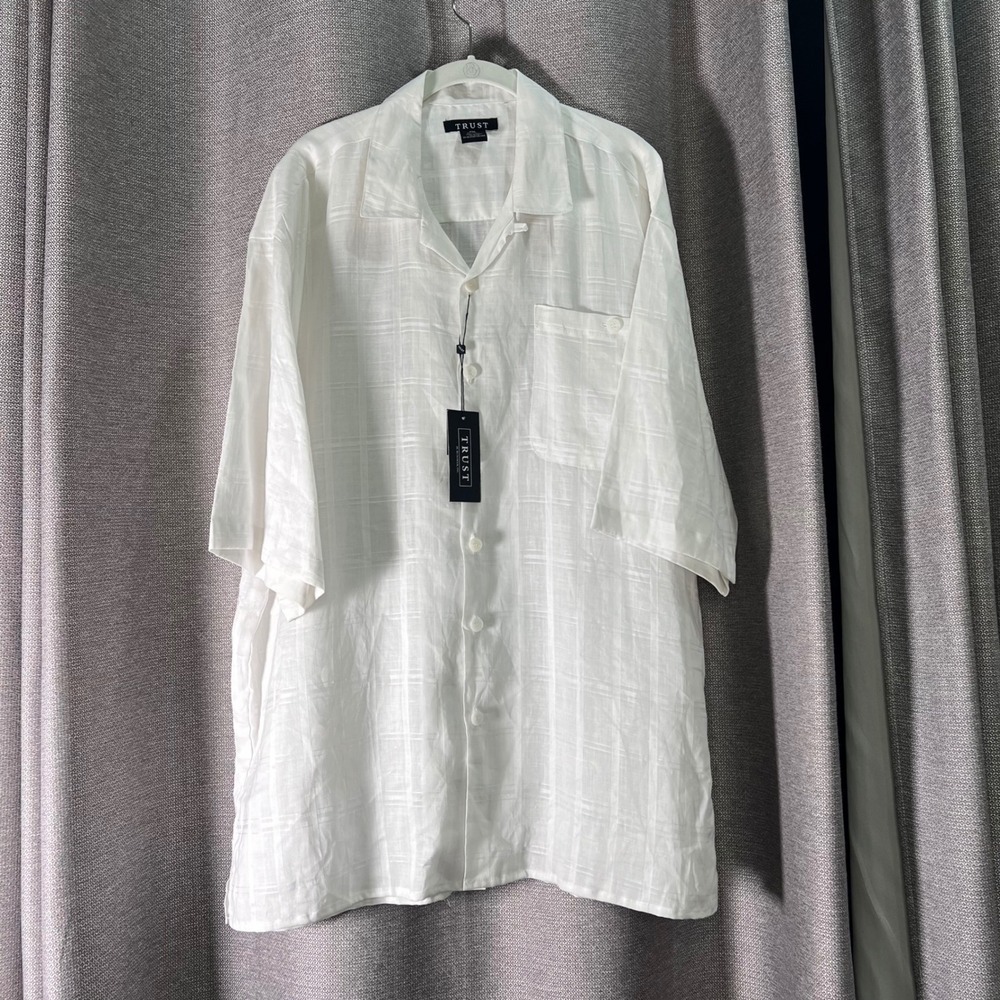 TRUST Mens XXL White Linen Mono Plaid Button Down Short Sleeve Shirt NWT